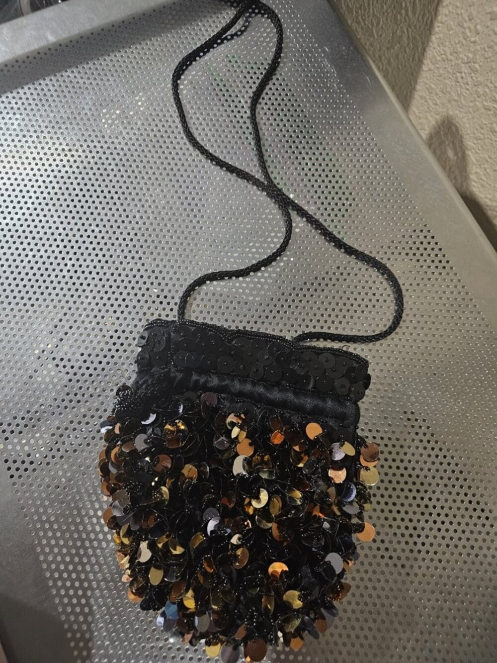 Amanda Smith Vintage All Over Sequined Black Gold Silver Small Purse Crossbody